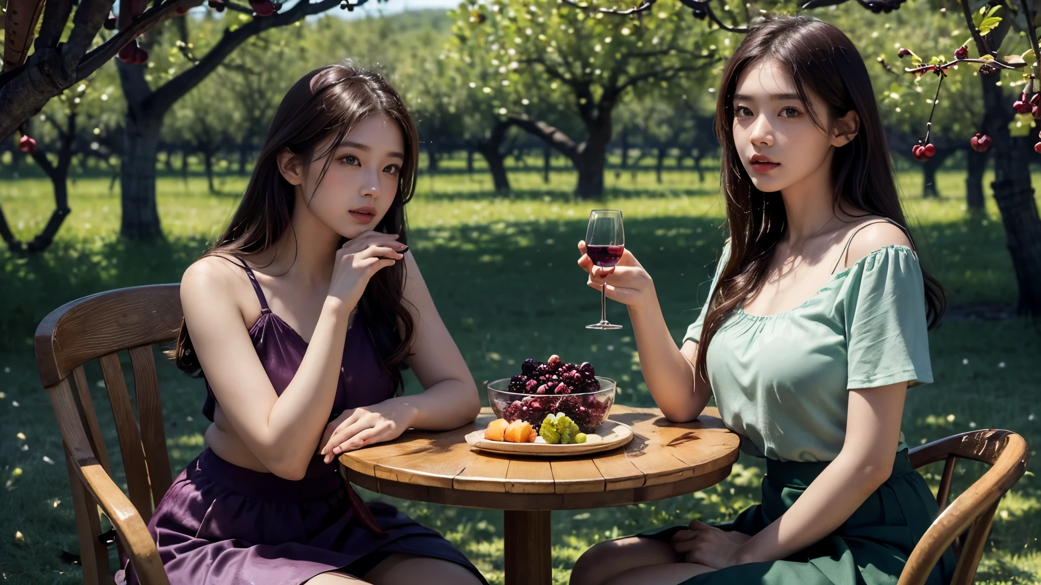 (best quality,4k,8k,highres,masterpiece:1.2),ultra-detailed,(realistic,photorealistic,photo-realistic:1.37),high-resolution portraits, Beautiful Korean Girl, 18 years Girl, ((Young Body,young round breasts,perfect body figure, Slender)),beautiful detailed eyes,beautiful detailed lips,extremely detailed eyes and face,long eyelashes,freckles on her face,gentle smile,majestic pose,flowing black hair cascading down her back, ((glitter silky satin seafoam Green T-shirt with Luxury glitter Peach above knee length skirt)),soft sunlight illuminating her face,vivid colors in the landscape,rich color palette with warm tones,((full body shot)),((mulberry fruit orchards)),((many many Mulberry Fruits in orchards)),((mulberry fruit trees)),((heavy Fruits in mulberry trees)),((mulberry trees have many many Mulberry Fruits in trees)),traditional Turkish orchards in the background,rows of fruitful mulberry trees with branches heavy with ripe fruits,each mulberry fruit perfectly crafted and vibrant purple in color,she delicately holds a wicker basket filled with freshly picked mulberries,berry juice staining her fingertips,a sense of tranquility and serenity in the air,subtle wind rustling the leaves,elegantly painted background with a touch of impressionistic style,subtle brushstrokes adding depth and texture to the image,sublime realism with a touch of romanticism, Stylish Poses, sexy angles, ((every where mulberry fruit trees)), ((every where mulberry fruits in orchards)),((mulberry fruit Wine bottle)),((mulberry wine in glass)), ((Dining table in orchard)),(((Sitting in front of dining table))), ((wine glass in hand)),hot poses, Soo cute girl, Kissing fruit, Realistic Human fingers, realistic human hands,
