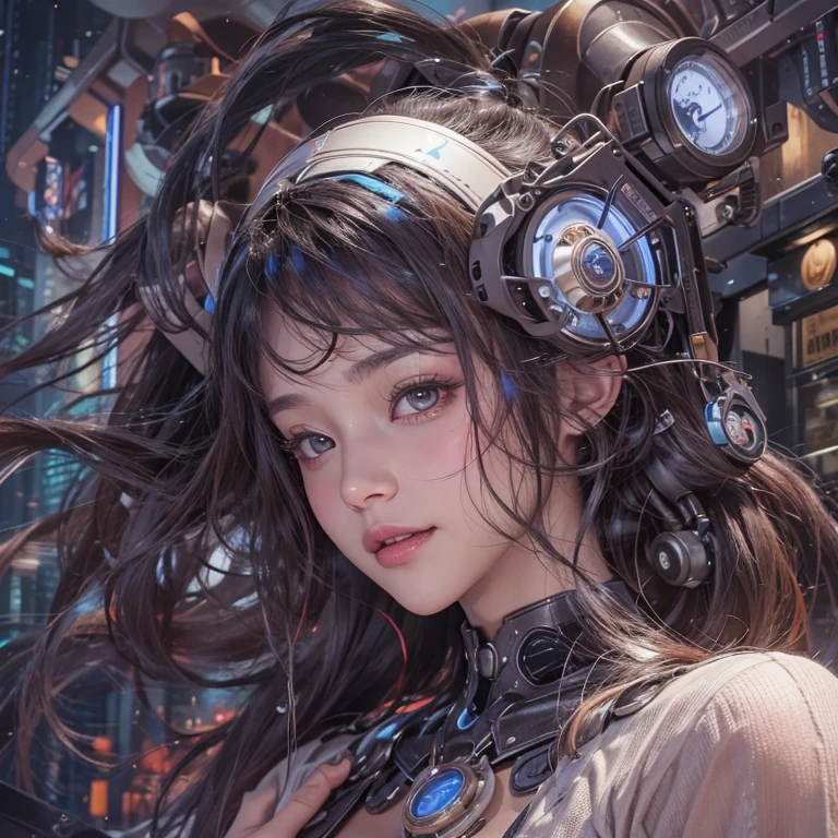Ride in a time machine 、Hair flow、 ((highest quality、masterpiece、8k、Best image quality、Ultra-high resolution、Award-winning works)、(Accurate anatomy:1.1)、(Look at me and smile:1.1)、Shining fair skin with Ultra-high resolution、The most detailed face、Ultra-high resolution detailed face、Ultra-high resolutionの髪の毛、(Ultra-high resolutionの煌めく瞳:1.1)、Beautiful face drawn in every detail、Cyberpunk clothing, Chest to chest, big floating clock 