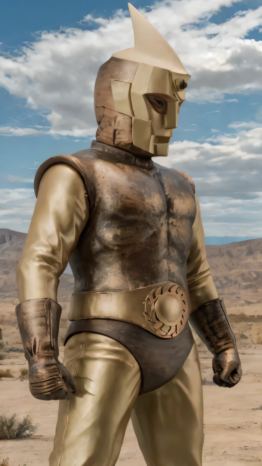 Spectreman, looking at viewer, in a desert place, sun, clouds, professional photograph, masterpiece, best quality, 8K, 16K, UHD, photorealistic, solo