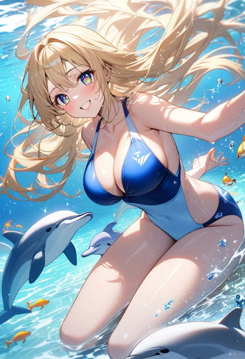 anime、Vibrant colors、In the water、Uplifting、A beautiful woman swimming in the ocean at 100km per hour、20 years old、Blonde、Long Hair、Bright swimsuit、Bright eyes、Sparkling eyes、Large Breasts、An innocent smile、10 cute dolphins、100 vibrant tropical fish、1000 glittering particles
