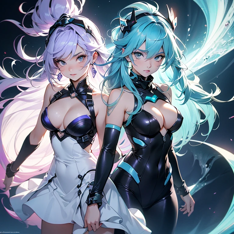 best quality, 32k, high resolution, ultra-detailed, extremely detailed, top quality, Superb Quality, Captivating Visual Treat,looking at viewer, multiple girls, BREAK Cryptic Girl: SF costume, (Purple White Gradient Long Hair:1.5), Indifferent, Kind, BREAK SeaArt Girl: (Cyan Tornado Hair:1.5), cyber costume, Baetiful Undine, BREAK 2girls, jewelry, medium breasts, dynamic action pose,
