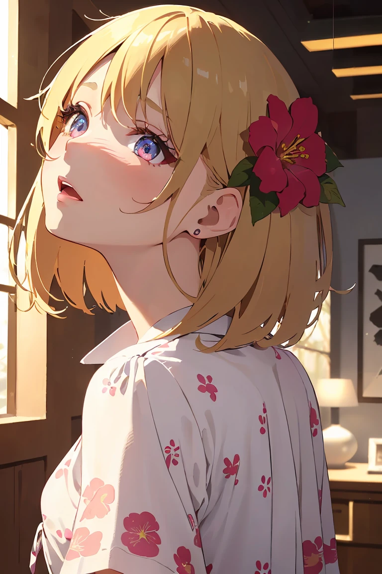 masterpiece, absurdres, best quality, ultra detailed, high Resolution, detailed illustration, bright colour, (extremely beautiful detailed face and eyes, Delicate beautiful face, 1 girl, cute face:1.3), (magenta eyes:1.1), sparkling eyes, big eyes, medium breasts, (perky breasts:1.1), (pointy breasts:1.1), medium hips, glamorous body, white skin, BREAK, long bob cut, (blonde hair:0.8), messy hair, detailed hair, shiny hair, BREAK (mini casual dress with floral print, down blouse:1.5), perfect lighting, (embarrassed:1.5), (ecstasy, vulgarity:1.5), (trembling:0.8), (Looking up from behind:1.5),