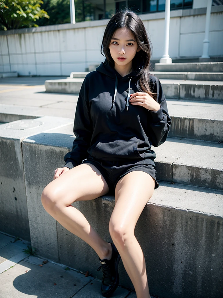 1girll,looking down on the camera,huge tit,black hoodie,no shorts,no pant,pantiess,upper legs,Black hair,
