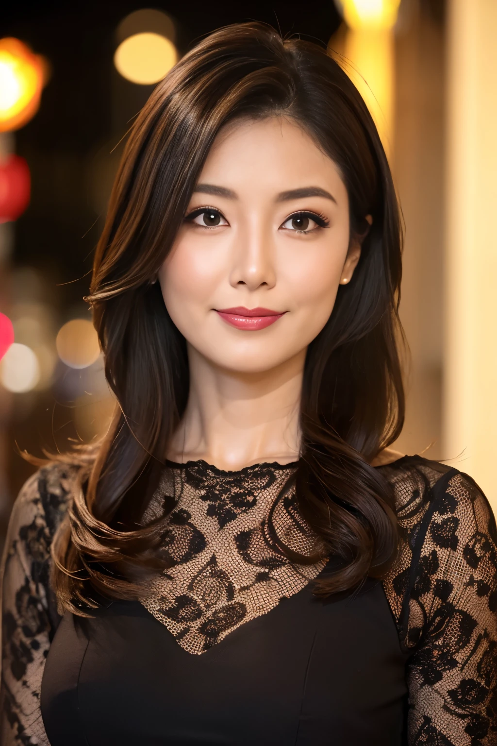 highest quality, 8k resolution, masterpiece, Professional photography, A 40-year-old beauty with an idol-like face, Walk through the downtown area at night, Elegant and stylish crimson top, Close-up of face, ((Look forward)), (((View your viewers))), smile, Wrinkles around the eyes, Standing Elegantly, Plump and soft body, Elegant and beautiful very long wavy hair, Shapely breasts, Perfect Makeup, Beautiful lipstick, Elegant eyeshadow, Long eyelashes, Ultra-high resolution glossy skin
