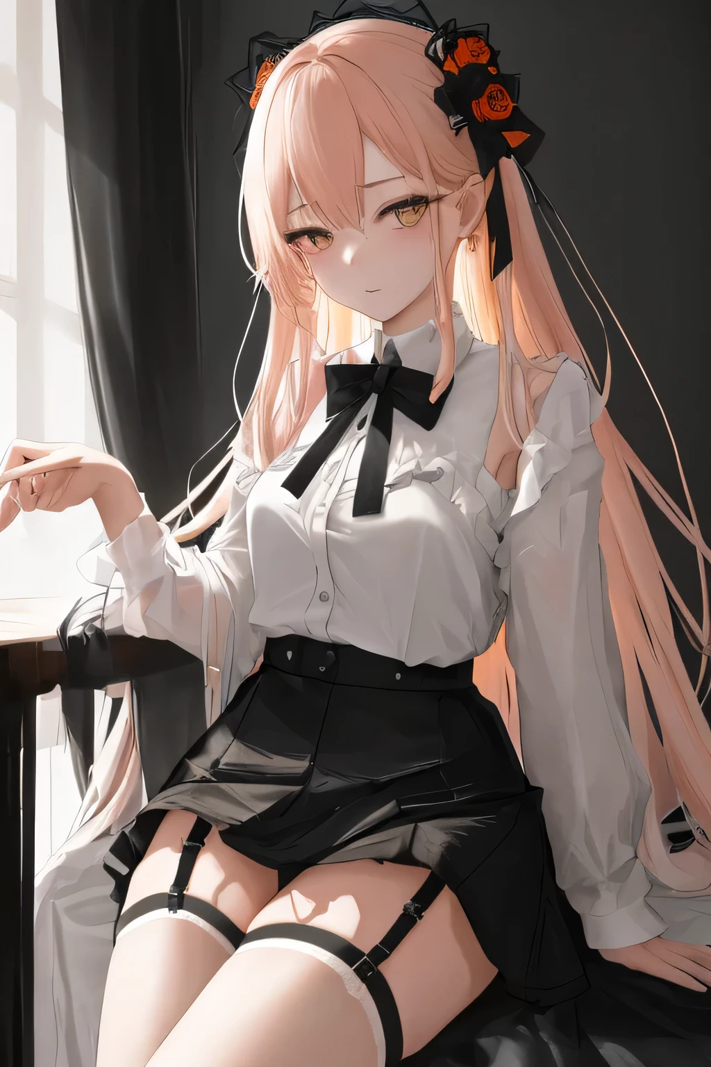 garter belt、Absolute area、The rapper came out like the final boss lol,realisitic、long legged、full、Feminine、white shirt、a miniskirt、high-heel,extremely delicate face,Realistic lighting and shading, (an extremely delicate and beautiful art)1.3, Elegant,Dramatic shadows、ighly detailed。hightquality、hight resolution、raw、超A high resolution、The ultra-detailart、(extremely delicate and beautiful)、ighly detailed、Real Shadows,frombelow、the city that never sleeps、Watercolor Touch、Bleeding、a woman , luminous design, pastel colours, ink drips, spring lights,Artistic,black and orange、

