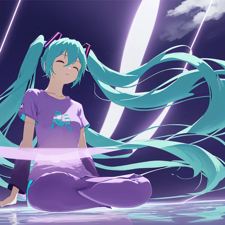 Purple T-shirt Hatsune Miku meditating and floating in the air