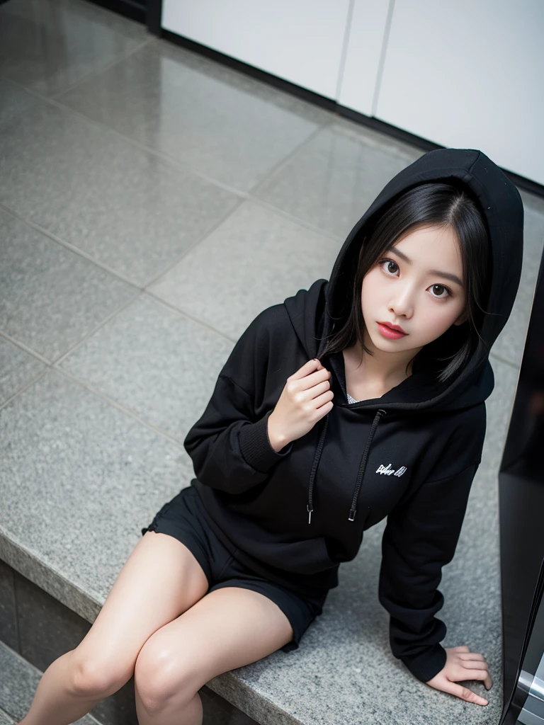1girll,looking down on the camera,huge tit,black hoodie,no shorts,no pant,pantiess,upper legs,Black hair,
