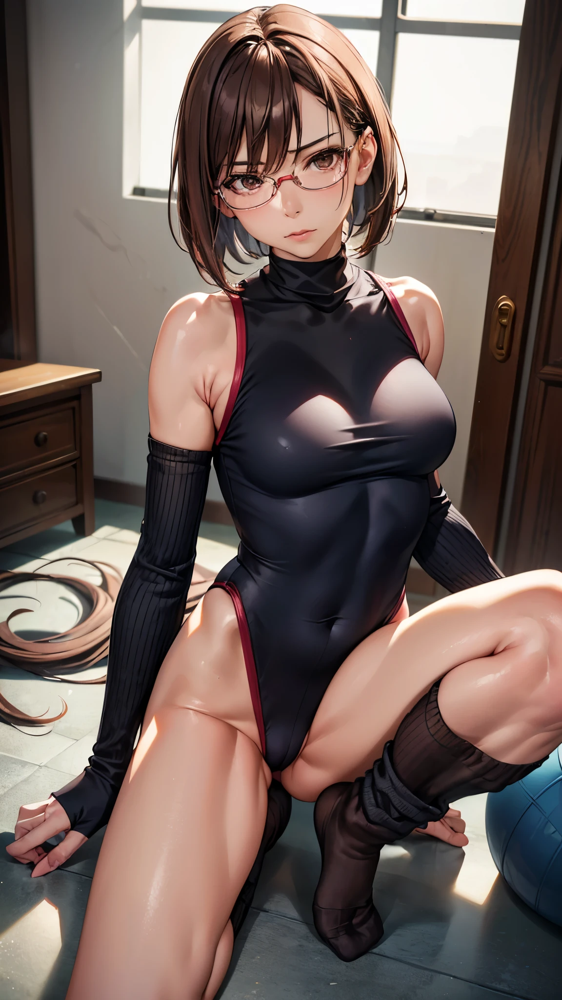 (best quality,highres),ultra-detailed,(realistic:1.37),inside the dance studio,one 30 years old lady,slender body,beautiful body,she’s wearing glasses,brown short bob hair,glaring,serious,fold arms,she’s wearing leotards,(loose socks,fingerless socks)