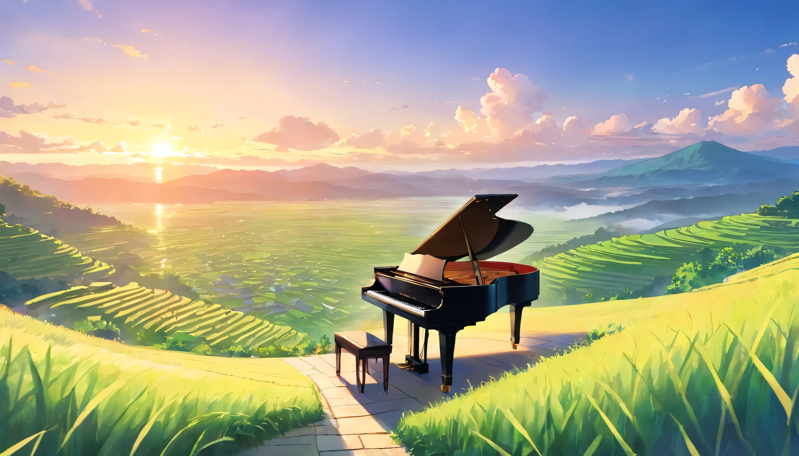 A grand piano on top of a mountain surrounded by rice terraces，landscape，A refreshing early morning with the sunrise visible from deep within the rice terraces、The width of the rice terraces is wide、The rice terraces, where rice has just been planted, are filled with water and sparkle in the morning sun.
