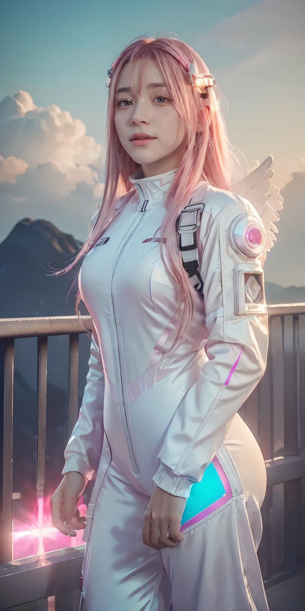 ((masterpiece, best quality, extremely detailed), volumetric lighting, ambient occlusion, colorful, glowing), 
1girl, solo, young girl, (pink hair), long hair, halo, aura, sacred, godness, cyber suit, (white outfit:1.3), android, bot, angel wings,
outdoors, sunset, sky, clouds, space, (cyberpunk theme:1.2),