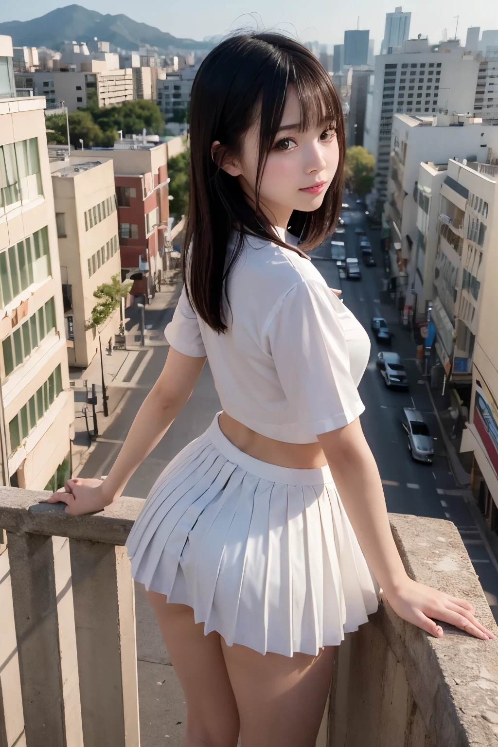 masterpiece, best quality, hyperrealistic, cinematic photo,  woman, giantess, GTS,pale skin, japanese amazing slim body, white blouse, pleated skirt, wavy black hair, large legs, wide hips, perfect hands, beautiful face, perfect face, pretty japanese, youthful, smile, (blured background), modern style, from behind,from below, (high-angle shoot), aereal view, bending over, standing on city, (view viewer), looking back, (8k, epic composition, photorealistic, sharp focus), sophisticated background, small miniature city, sunny day, sunlight, DSLR, foil grain