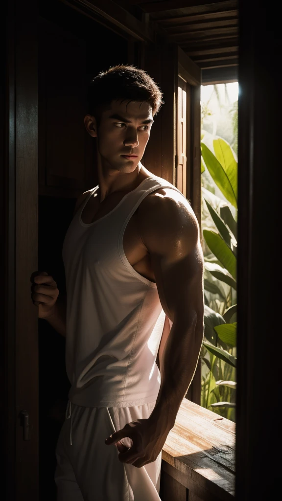 there is a handsome, muscular man walking in the hot and humid jungle, wearing a tight white tank, with a backpack, sweaty, old house, dark cinematic, professional photography, anatomically correct, dynamic lighting, high contrast, color graded