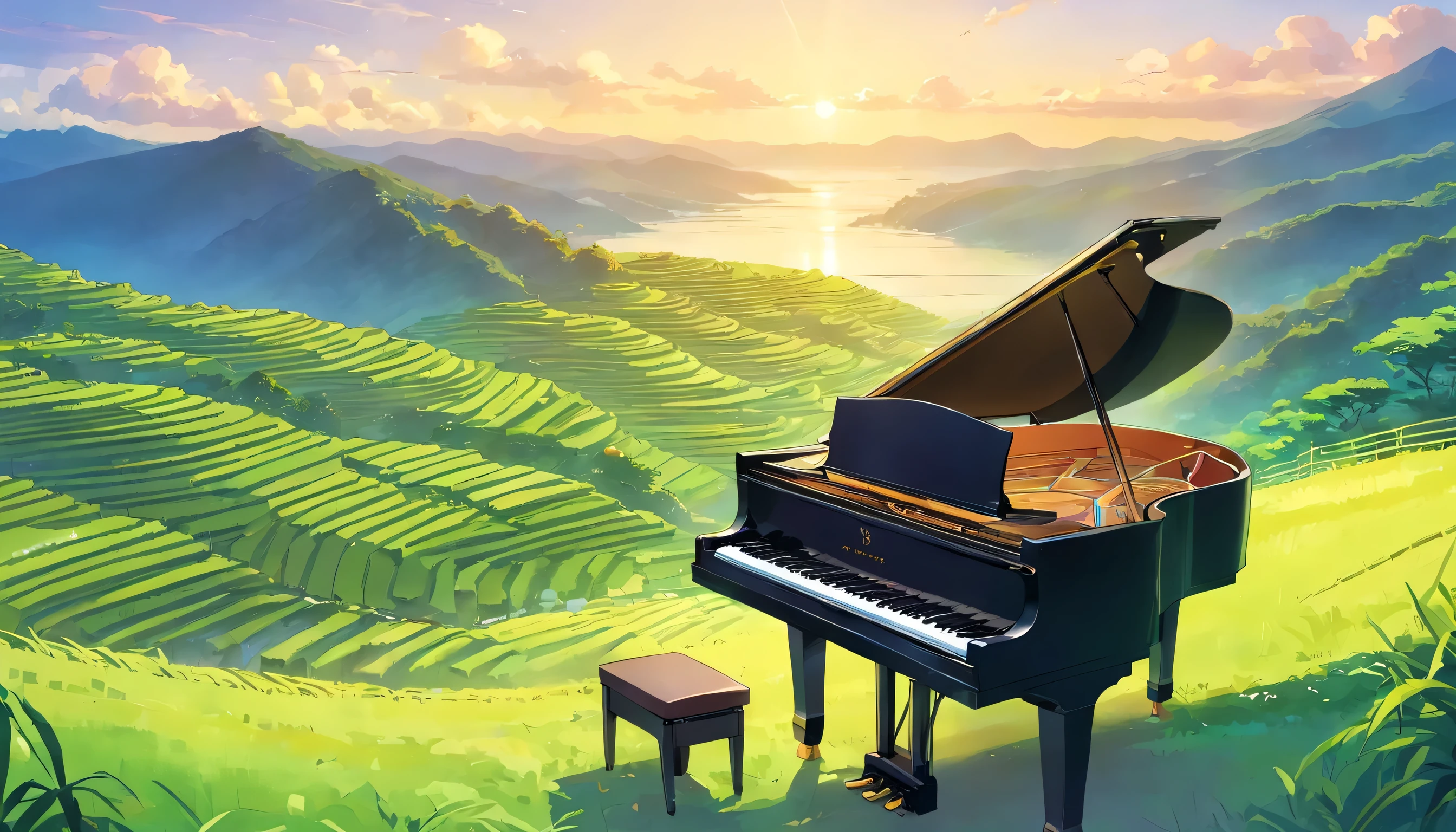 A grand piano on the mountaintop surrounded by rice terraces、Painted in watercolor-like colors。The black and white keys of the piano stand out vividly.、It blends in with the surrounding landscape。Blue sky and green mountains々Envelops the piano、Beautiful scenery and music come together.。