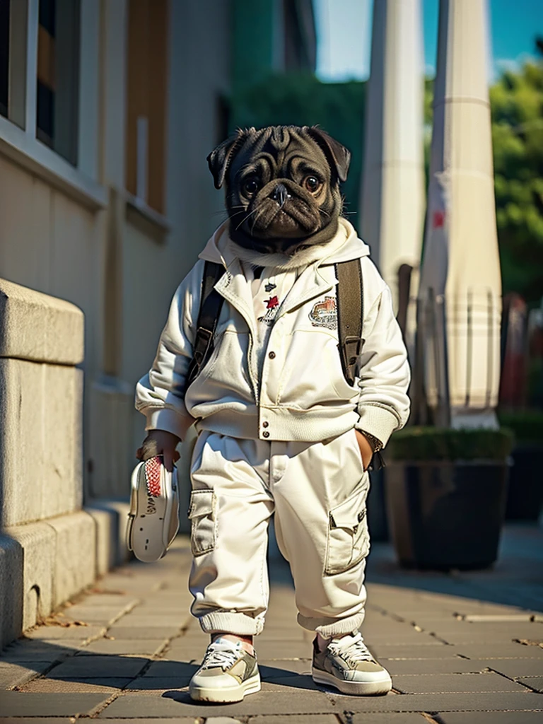 masterpiece, highest quality, Cute Pug Dog, Wearing a casual suit, White sneakers, Cool expression, Cute digital illustration art,