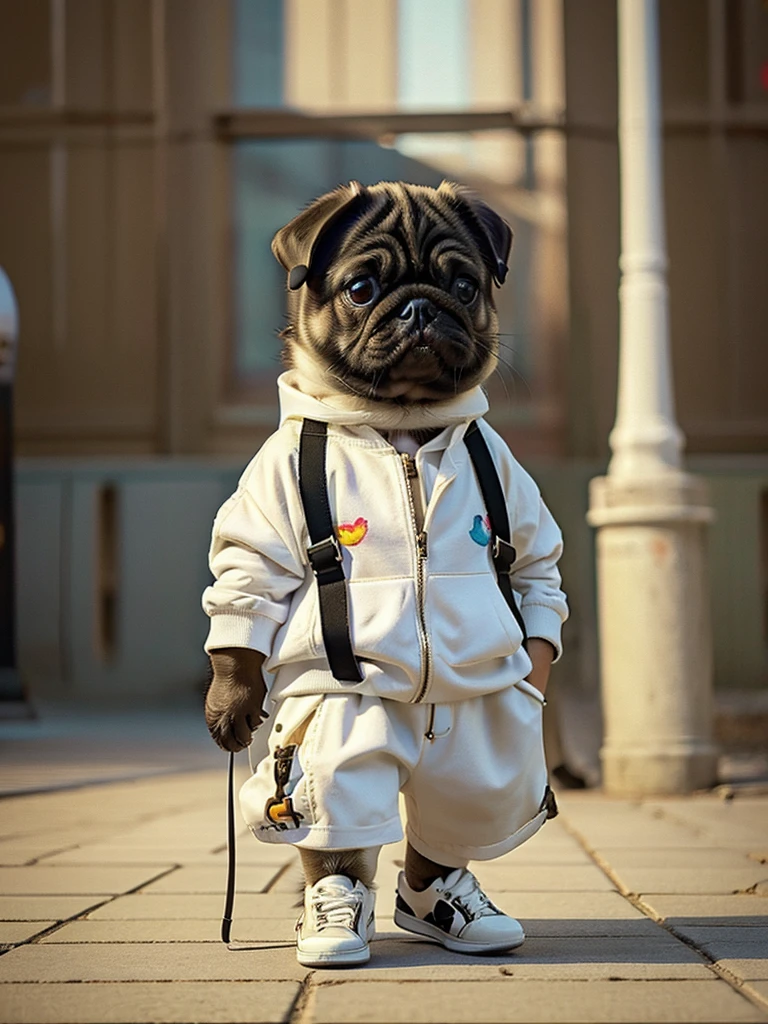 masterpiece, highest quality, Cute Pug Dog, Wearing a casual suit, White sneakers, Cool expression, Cute digital illustration art,