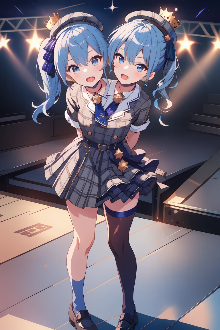 (masterpiece, best quality), best resolution, 16k, (2heads:1.5), full-body, 1girl, solo, HoshimachiSuisei, side ponytail, blue hair ribbon, SuiseiBase, plaid beret, crown, blue star choker, star earrings, blue ascot, plaid jacket, plaid skirt, layered skirt, partially fingerless gloves, star bracelet, uneven legwear, thigh strap, standing, look at viewer, (own hands together, hands on chest), ((cheek-to-cheek)), singing, open mouth, stable, concert stage, starfield, spotlight