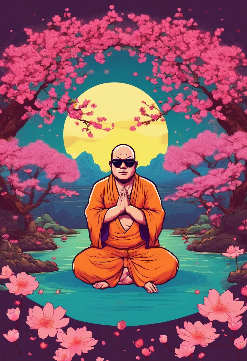 Fat monk meditating, Cherry blossom garden at night, Full moon and lotus, Wearing round sunglasses