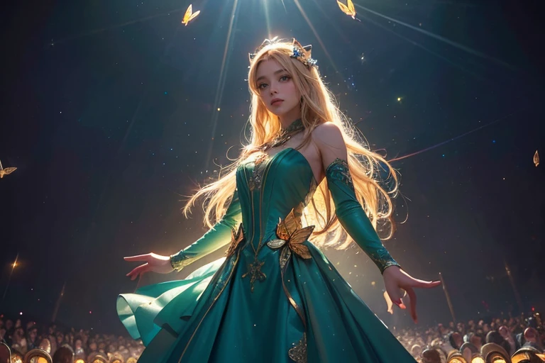 1 girl, masterpiece, Very detailed, ((Cinema Lighting)), (Shine), ((Dramatic lighting)), ((beautiful delicate Shine)), Intricate details, Lens flare, blonde, Long Hair, colorful dresses, butterfly hair ornament, butterfly, (Particles of light), Put your arms behind your back, Medium Chest, [take up], Cowboy Shot, A light smile, Green Eyes, church, Stained glass, Spotlight, Dark Background, Floating Hair, Floating Hair, Looking at the audience,((colorful))