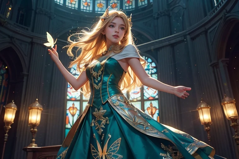 1 girl, masterpiece, Very detailed, ((Cinema Lighting)), (Shine), ((Dramatic lighting)), ((beautiful delicate Shine)), Intricate details, Lens flare, blonde, Long Hair, colorful dresses, butterfly hair ornament, butterfly, (Particles of light), Put your arms behind your back, Medium Chest, [take up], Cowboy Shot, A light smile, Green Eyes, church, Stained glass, Spotlight, Dark Background, Floating Hair, Floating Hair, Looking at the audience,((colorful))