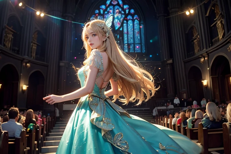 1 girl, masterpiece, Very detailed, ((Cinema Lighting)), (Shine), ((Dramatic lighting)), ((beautiful delicate Shine)), Intricate details, Lens flare, blonde, Long Hair, colorful dresses, butterfly hair ornament, butterfly, (Particles of light), Put your arms behind your back, Medium Chest, [take up], Cowboy Shot, A light smile, Green Eyes, church, Stained glass, Spotlight, Dark Background, Floating Hair, Floating Hair, Looking at the audience,((colorful))