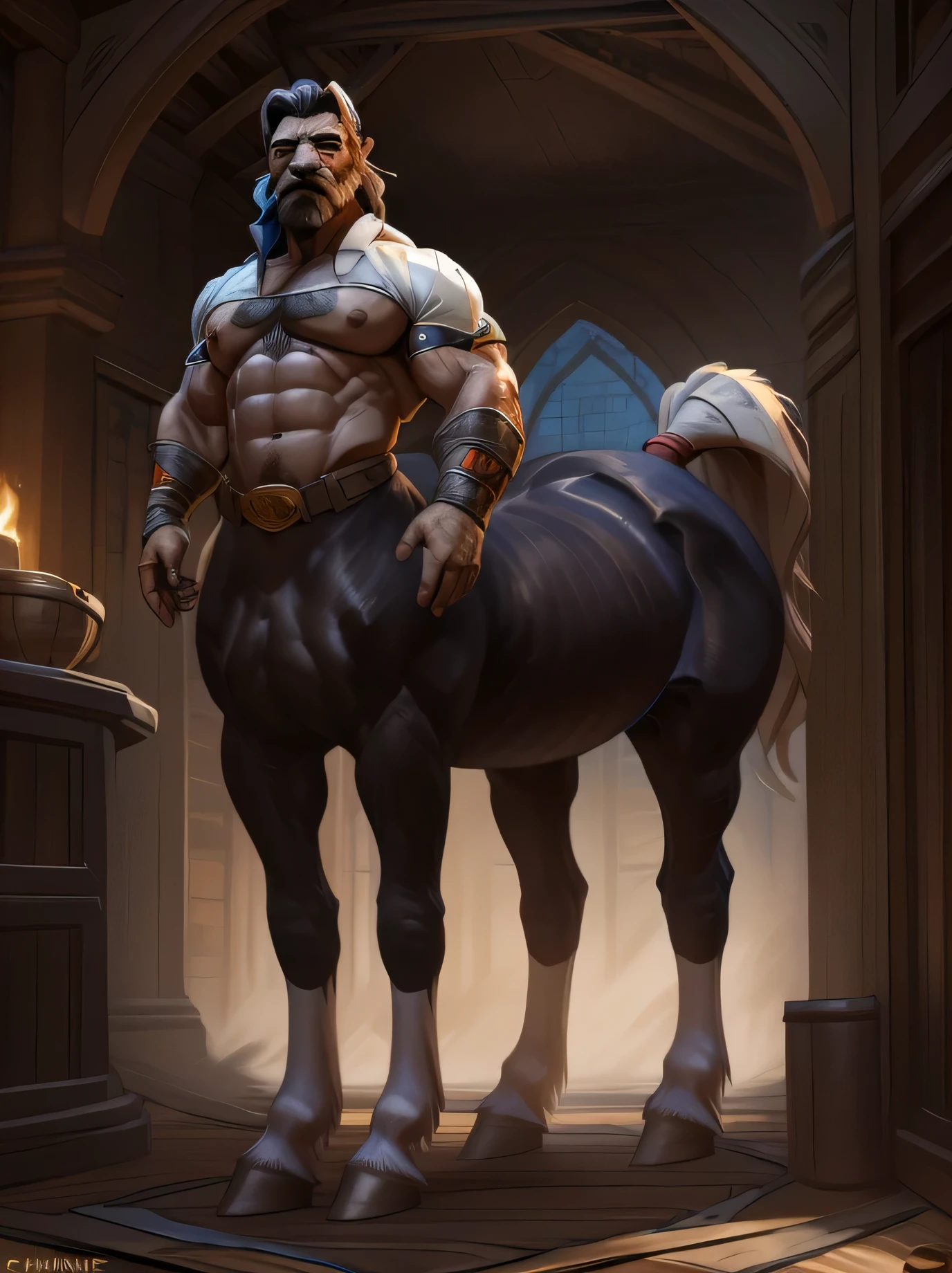 (by Taran Fiddler, by Chunie, by darkgem), centaur, solo, medieval town, grandpa, big hooves, white fur, white hair, white legs, white body, man bun, anatomically correct centaur, docked tail, cropped tail, human face, horse ears, wide equine hips, thick thighs, elderly male, face wrinkles, mustache, facial hair, thick eyebrows, blue doublet, burn scars, fingerless gloves, full body, rolled up sleeves, tall, strong legs, Flynn rider, beard, butt, male butt, big ass