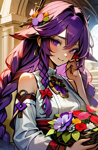 (masterpiece, best quality), 1lady, solo, masterpiece, long purple hair, twin braids, purple eyes, holding basket of flowers