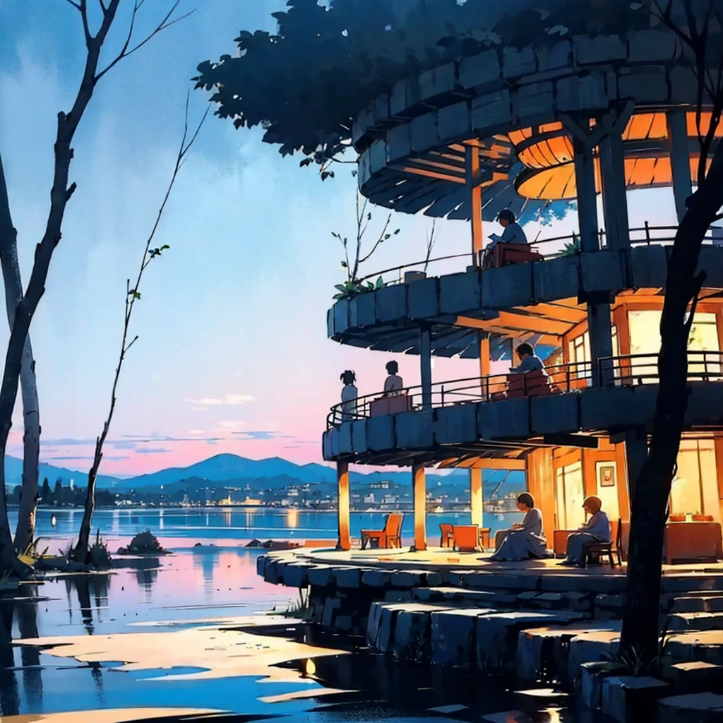 2D impressionist illustration: A scene expressing the tranquil atmosphere of a resort in early summer