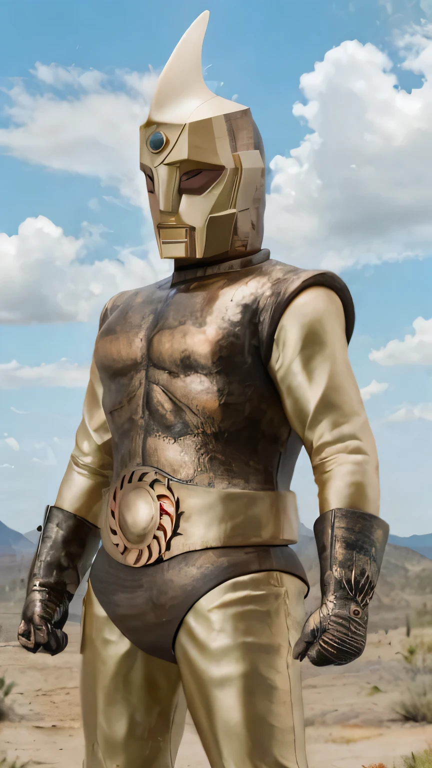 Spectreman, looking at viewer, in a desert place, sun, clouds, professional photograph, masterpiece, best quality, 8K, 16K, UHD, photorealistic, solo