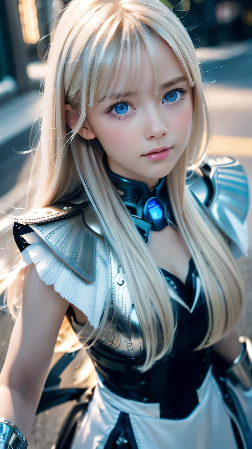 highest quality、8k Masterpiece、Ultra-high resolution、(Realistic:1.3)、RAW Photos、14 year old Scandinavian girl with shiny blonde hair、Silvery blonde hair、Super long straight hair、Bangs between the eyes、Bangs that cover the eyes、片Bangs that cover the eyes、Bangs between the eyes、White and glowing skin、1. Cyberpunk Super Beautiful Soldier、((Ultra-Realistic Details))、Portraiture、Global Illumination、Shadow Realm、Octane Rendering、8k、Ultra Sharp、Metal、Cool colors、、Very intricate detail、Realistic Light、Trends of the CG Association、so beautiful, Big bright blue eyes、Very big eyes、Eyes shining at the camera、Neon Details、Small Face Beauty、Round face、Cheek highlight