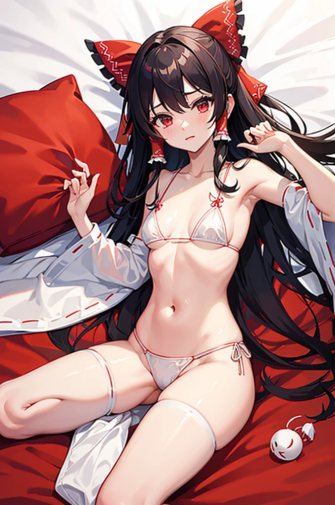hakurei reimu, Oriental Project, At the bed, White micro bikini, Long Hair, Hair Tube, Hair Ribbon, Removable sleeves, Small breasts, Slender, Spread your legs