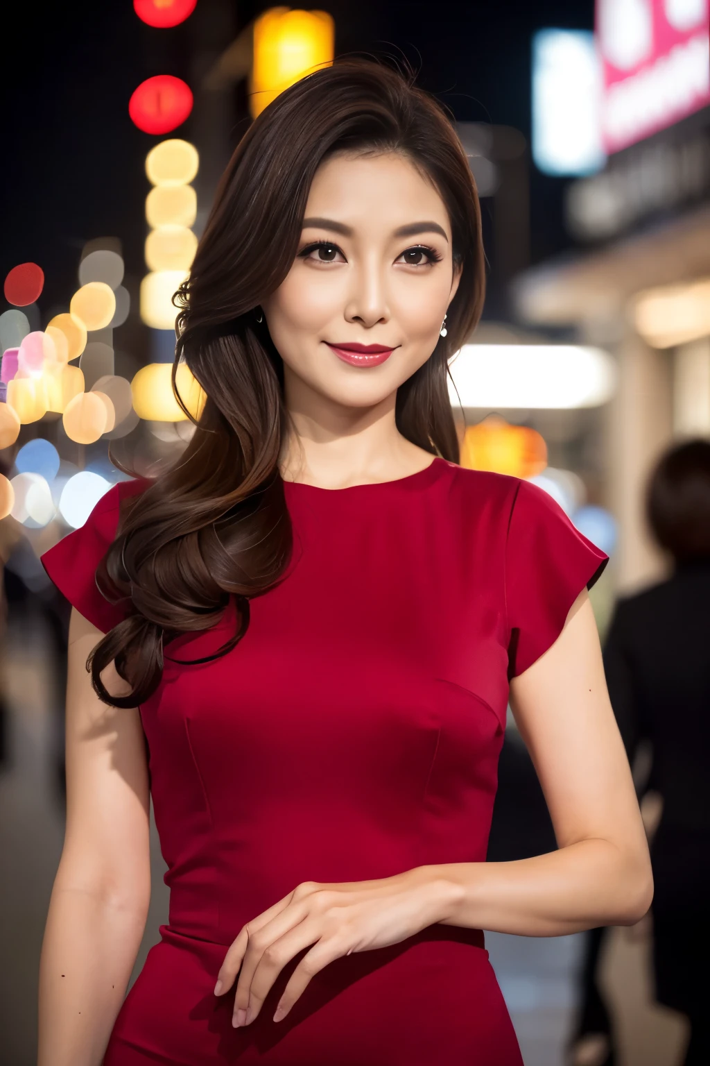highest quality, 8k resolution, masterpiece, Professional photography, A 40-year-old beauty with an idol-like face, Walk through the downtown area at night, (Elegant and stylish crimson top), Close-up of face, ((Look forward)), (((View your viewers))), smile, Wrinkles around the eyes, Standing Elegantly, Plump and soft body, Elegant and beautiful very long wavy hair, Shapely breasts, Perfect Makeup, Beautiful lipstick, Elegant eyeshadow, Long eyelashes, Ultra-high resolution glossy skin