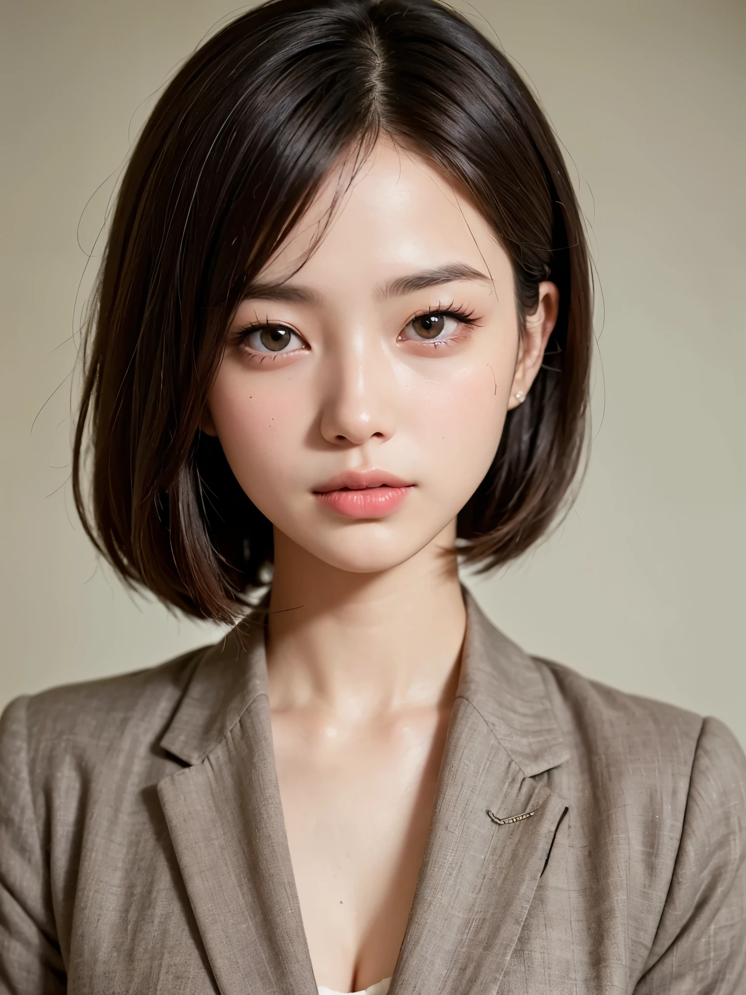 (highest quality、Ultra-realistic as a photo)、Sharp focus, 超High resolutionの顔、(masterpiece)、Very fine finish、(High resolution、8k:1.3)、The face is in focus、Ultra high definition and beautiful eyes、Eyes are symmetrical、(I stare at you with concentrated eyes)、High quality and natural skin、Ultra HD Hair Texture、(Face close-up:1.1)、Japanese women、20-year-old、OL, (short hair, messy hair:1.2)、suit, White Business Shirt、medium breast, Natural light, very cute、very cute, Light Makeup, Glossy Lips、), (blush:1.3), (embarrassed:1.3)