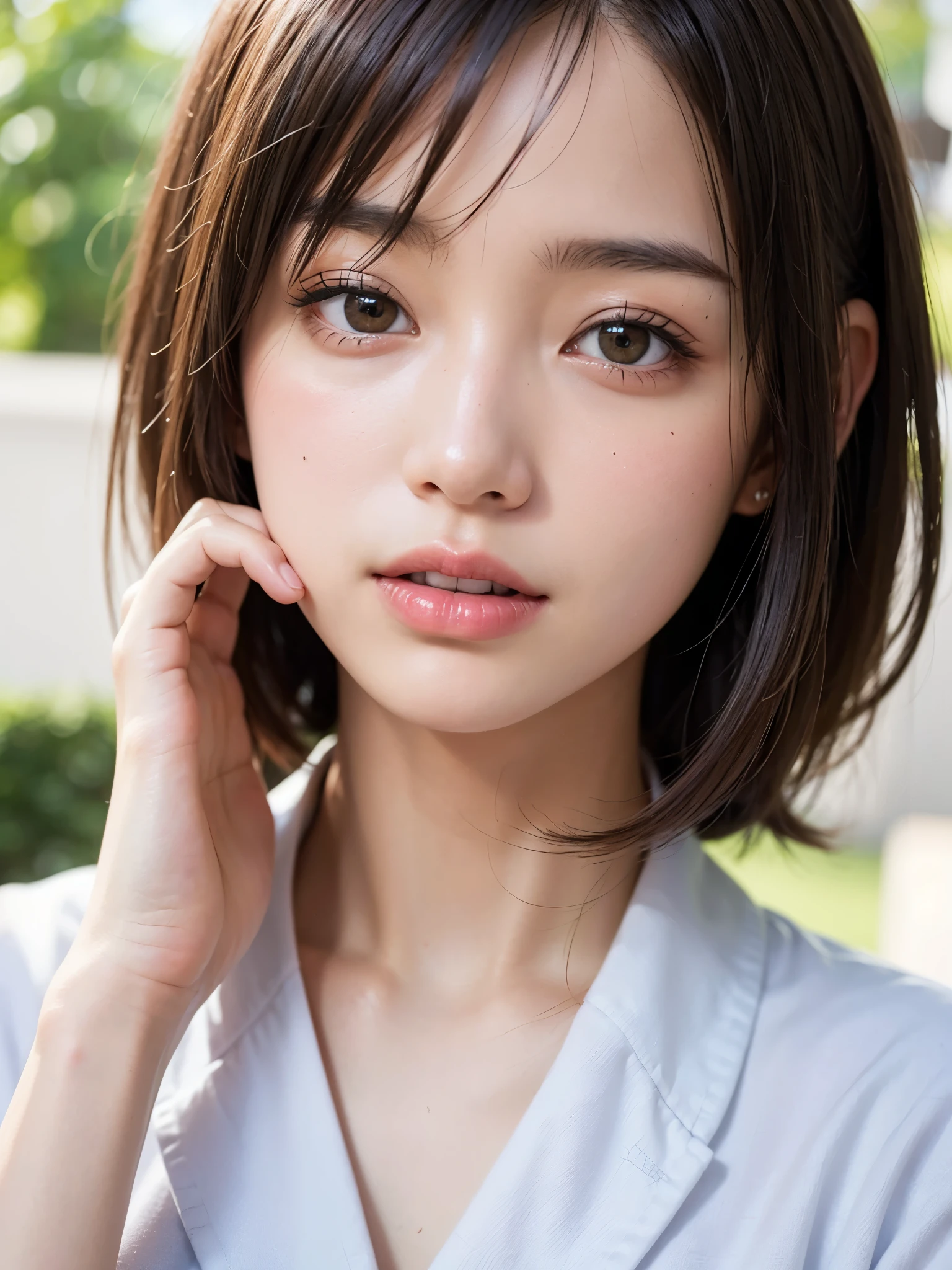(highest quality、Ultra-realistic as a photo)、Sharp focus, 超High resolutionの顔、(masterpiece)、Very fine finish、(High resolution、8k:1.3)、The face is in focus、Ultra high definition and beautiful eyes、Eyes are symmetrical、(I stare at you with concentrated eyes)、High quality and natural skin、Ultra HD Hair Texture、(Face close-up:1.1)、Japanese women、20-year-old、OL, (short hair, messy hair:1.2)、suit, White Business Shirt、medium breast, Natural light, very cute、very cute, Light Makeup, Glossy Lips、), (blush:1.3), (embarrassed:1.3)