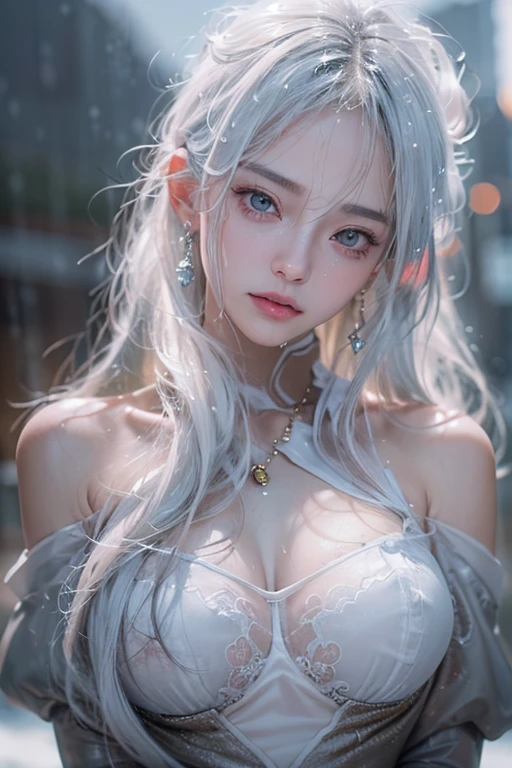 (masterpiece:1.3), (8k, Photorealisticistic, RAW Photos, Best image quality: 1.4), Fair skinの妖精の女性、Long Hair、Cleavage:2.0、Highly detailed face、Attention to detail、double eyelid、Chest to chest、Sharp focus:1.2、Beautiful woman:1.4、Silvery white hair、highest quality、masterpiece、超A high resolution、(Photorealisticistic:1.4)、Highly detailed and professionally lit smiles、Loose, Light, Shoulder out、thin、Serious expression、Short-haired、Deadly position, Gorgeous Accessories, one person (RAW shooting, Photorealistic:1.5, 8k, highest quality, masterpiece, Ultra-high resolution), (((heavy snow))), Perfect dynamic composition:1.2, (Modern city night urban building front, Expressions of sadness:0.9, Tears flow:0.9, Crying with a broken heart:0.9), Highly detailed skin and facial textures:1.2, Slim office lady wet with rain:1.3, Fair skin:1.2, Sexy beauty:1.1, Perfect Style:1.2, beautifully、aesthetic:1.1, Very beautiful face:1.2, Water droplets on the skin, (Rain dripping down on my body:1.2, Wet body:1.2, Wet Hair:1.3), (Holding a bloody knife:1.2, How to wear a wet white blouse correctly:1.35), (Medium Chest, Bra is sheer, Chest gap), (Beautiful erotic eyes:1.0), (Too erotic:0.9, Fascinating:0.9), necklace, Earrings, bracelet
