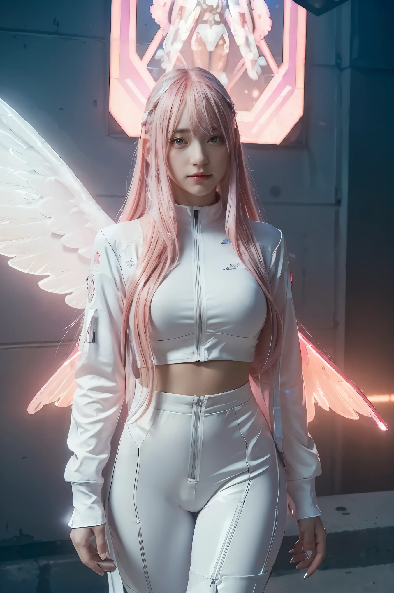 ((masterpiece, best quality, extremely detailed), volumetric lighting, ambient occlusion, colorful, glowing),
1girl, solo, young girl, (pink hair), long hair, halo, aura, sacred, godness, cyber suit, (white outfit:1.3), android, bot, angel wings,
outdoors, sunset, sky, clouds, space, (cyberpunk theme:1.2),