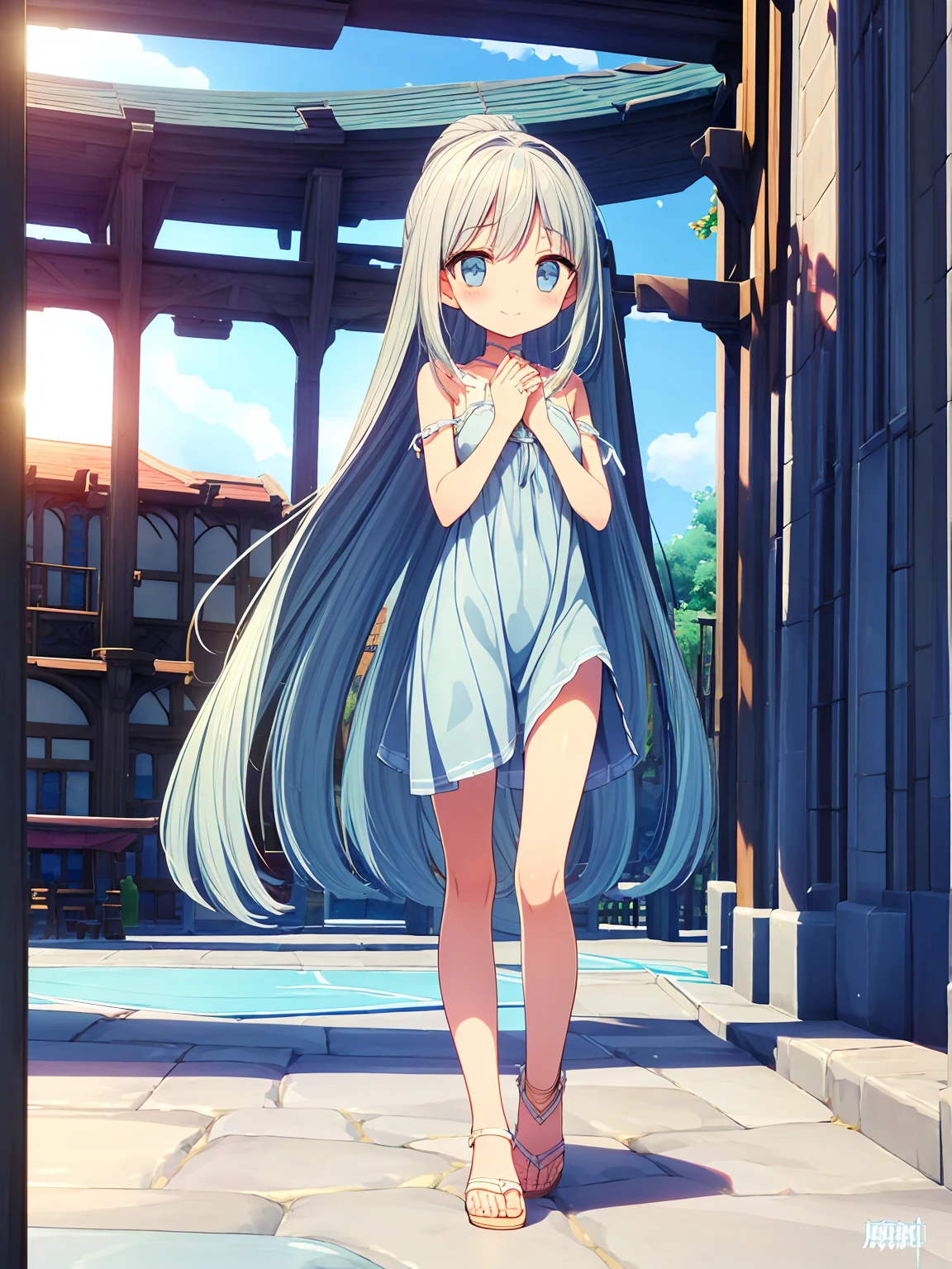 masterpiece, best quality, extremely detailed, (illustration, official art:1.1), 1 girl ,(((( light blue long hair)))), ,(((( light blue long hair)))),light blue hair, ,10 years old, long hair ((blush)) , cute face, big eyes, masterpiece, best quality,(((((a very delicate and beautiful girl))))),Amazing,beautiful detailed eyes,blunt bangs((((little delicate girl)))),tareme(true beautiful:1.2), sense of depth,dynamic angle,,,, affectionate smile, (true beautiful:1.2),,(tiny 1girl model:1.2),)(flat chest)),masterpiece,best quality, masterpiece, highres, best qualtiy，tmasterpiece，Ultra-high resolution，（Reality：1.4），RAW photogr，warm lights，The sea and the beach，1girl，Walking on the beach，White color blouse，Short skirt，sandals，the setting sun，footprints，（slim，dignified，shyexpression），Beautiful teenage girl，Beautiful goddess，Detailed scenes, Beautiful digital illustration, the detail，Hyper-detailed, Cinematic quality， , full body ,toes, footprints, footprints in the sand ,
