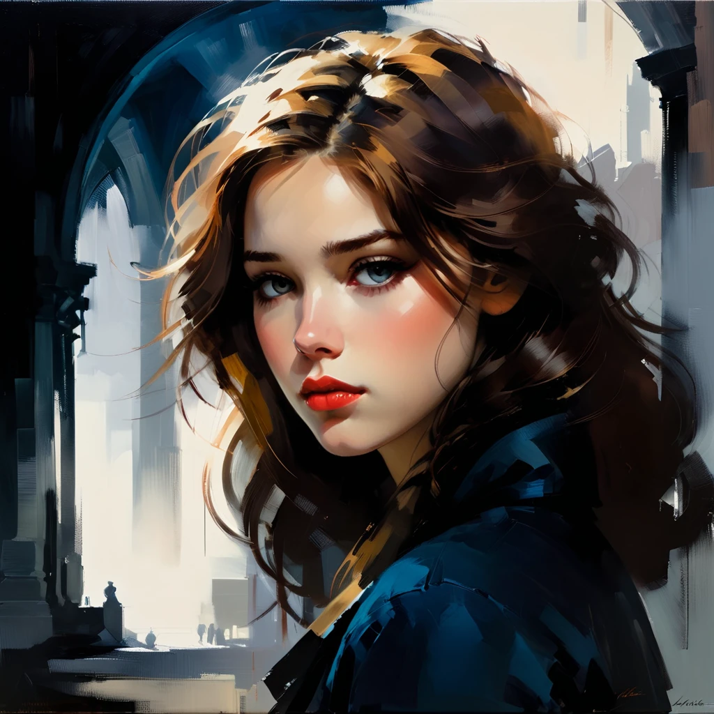 Create an evocative oil painting inspired by Malcolm Liepke, based on the provided image. Capture the intense, introspective expression of the young subject using thick, Incorporate earthy tones, deep blues, and warm browns to create a harmonious and inviting composition. Highlight the emotional depth and vulnerability in the subject's gaze, emphasizing the play of light and shadow on their face. Maintain a simple, textured background that complements the subject's contemplative presence. Focus on the tactile quality of the oil paint to convey the raw emotion and intimacy characteristic of Liepke's style.