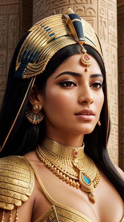 A lifelike and regal portrayal of an Egyptian goddess in the style of realistic portraiture. The goddess should be depicted with intricate and ornate attire befitting her divine status. The details of her jewelry, headdress, and facial features should be captured with precision. The background can include elements of Egyptian architecture or hieroglyphs. The lighting should simulate the warm and golden hues of Egyptian sunsets. The camera should use a medium telephoto lens (135mm) to focus on the goddess's facial details. The shot should be a close-up portrait, emphasizing her divine presence. The image should be rendered in high resolution (4K) for authenticity. (regal deity:1.3), (intricate attire:1.15), (ornate jewelry:1.1), (Egyptian architecture:1.15), (warm lighting:1.2), (medium telephoto lens:1.2), (close-up portrait:1.1), (high resolution:1.2)
 