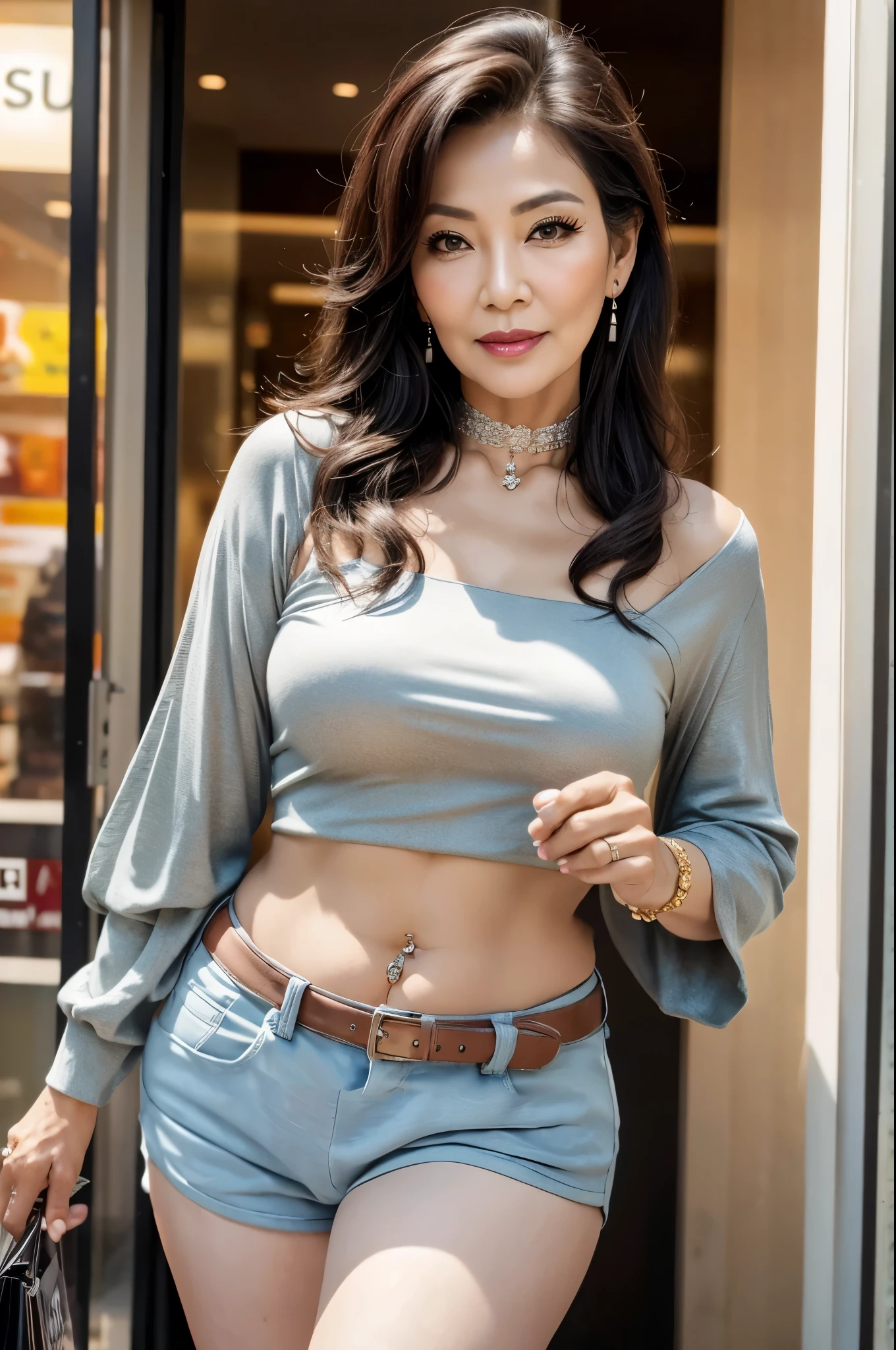 75 years old Mom MILF Korean, Lady large earring Big choker navel piercing decoration A bracelet Silver Hair realisitic Gorgeous Madame Beautiful Mature Woman sexy Smile Gentle woman navel piercing 4K High quality shopping mall back shopping belt Gorgeous Madame Beautiful Mature Woman