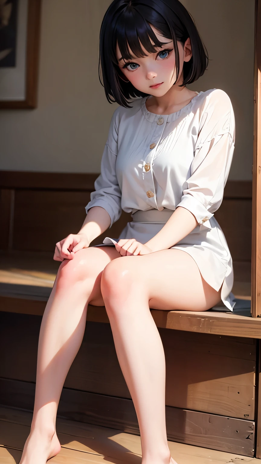 short hair, 前髪のあるshort hair, Woman with pretty face,Cute little face, French Bob, White skin, 短い茶色の髪とBig eyes, Full body portrait shot 8k, Beautiful light、Big eyes, Beautiful woman, Young woman with bob cut, Full Shot,Best image quality,