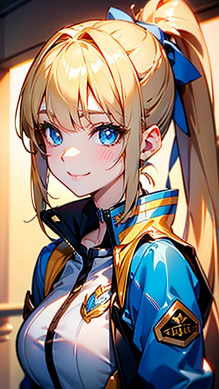 Best quality , masterpiece, Portrait、、Bright expression、ponytail、Young, shiny, white, glossy skin、Gloss Face、Shining Cheek Gloss、Small Face Beauty、The best beauty、The dazzling light of blonde hair、Bright blonde hair with dazzling highlights、Very beautiful shiny light blonde hair、super long silky straight hair、Her shiny, beautiful bangs are covering her eyes.、Sparkling, clear, attractive, bright, large, pale blue eyes、Very big eyes、eyeliner、very beautiful lovely cute 16 year old girl、young girl, Ample Bust, upper body , (smile:1.2) , ((((rider jacket , ponytail ))))