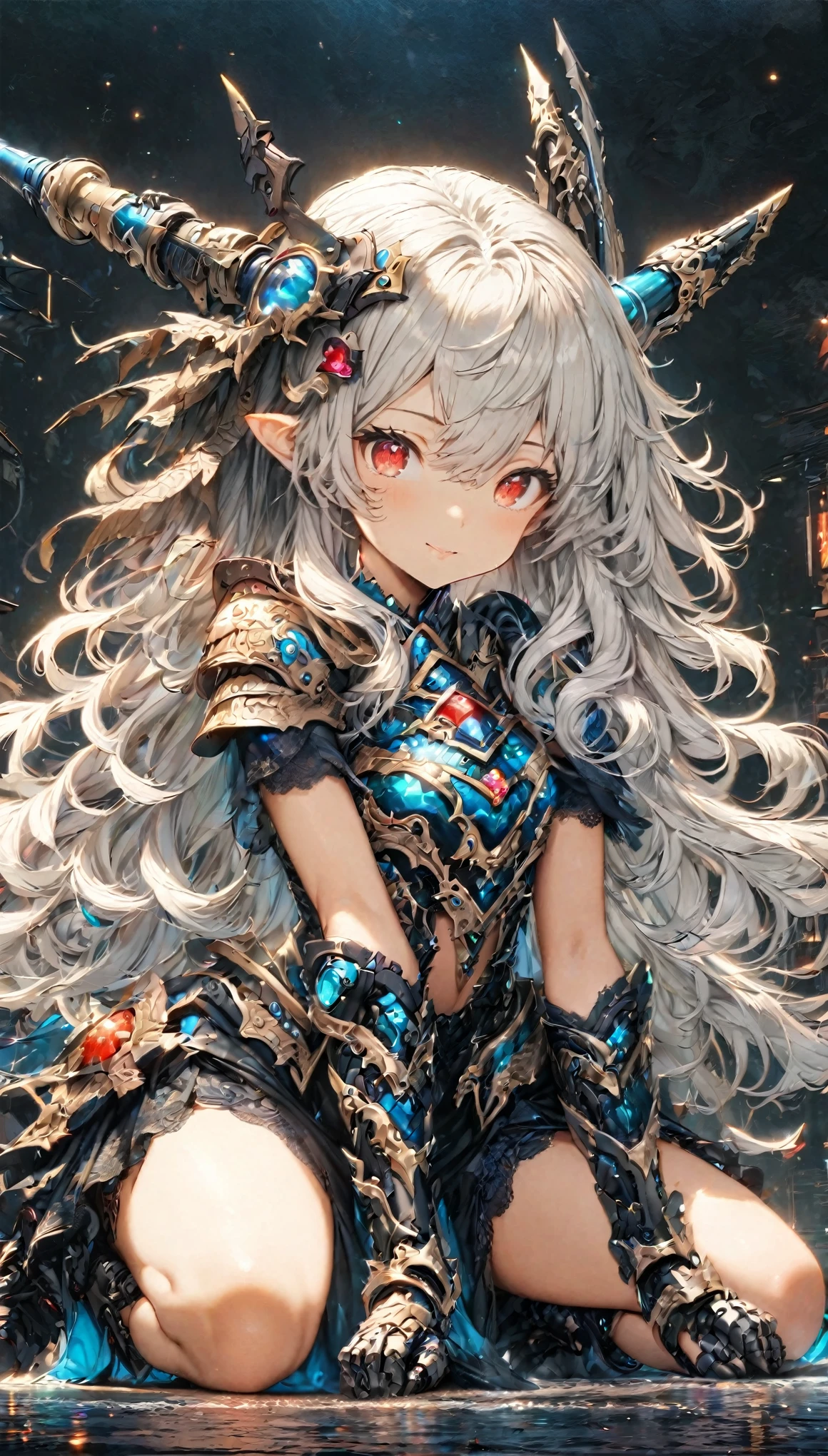 masterpiece, best quality, extremely detailed, high resolution, Japanese anime,1girl, Silver hair, (medium length hair:1.4), curly hair, wavy hair, drill hair, (mechanical horn:1.5), mechanical wing, (red eyes:1.5), (beautiful detailed eyes:1.4), laugh, 130cm tall, original character, fantasy, (black background:1.2), (full body:1.8), beautiful fingers, standing, (black blue lace frill armor dress:1.5), (bejeweled headgear:1.5) , shoot from front, looking at viewer