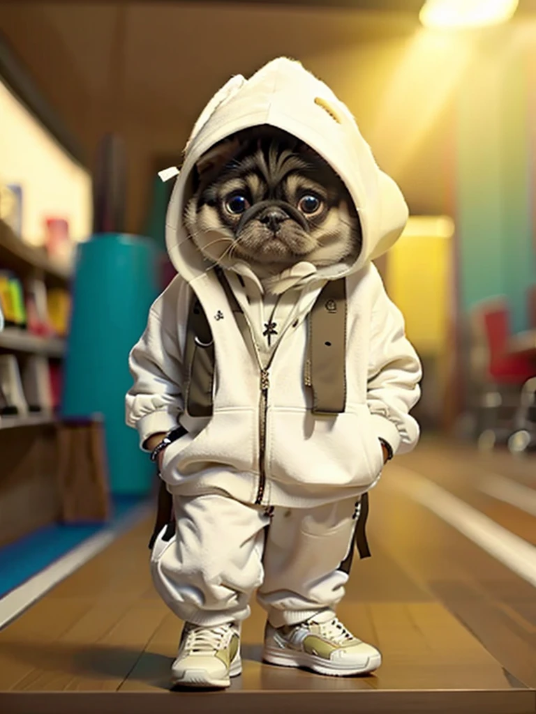 masterpiece, highest quality, かわいいPug dog, Wearing a casual hooded suit, White sneakers, Cool expression, Cute digital illustration art,Pug dog、