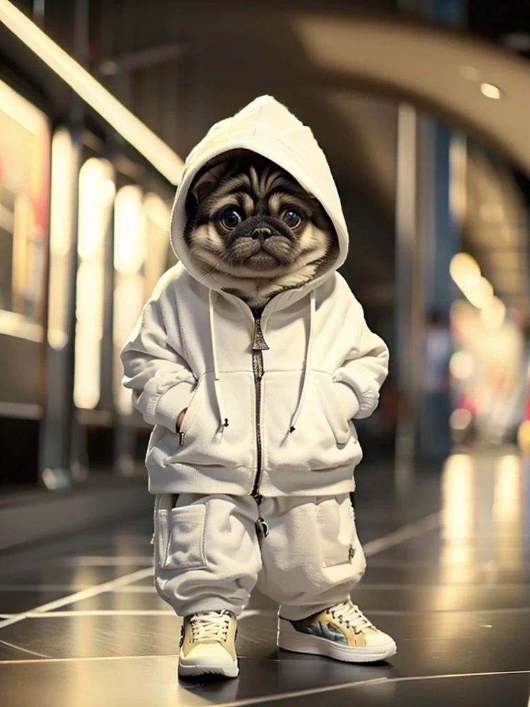 masterpiece, highest quality, かわいいPug dog, Wearing a casual hooded suit, White sneakers, Cool expression, Cute digital illustration art,Pug dog、