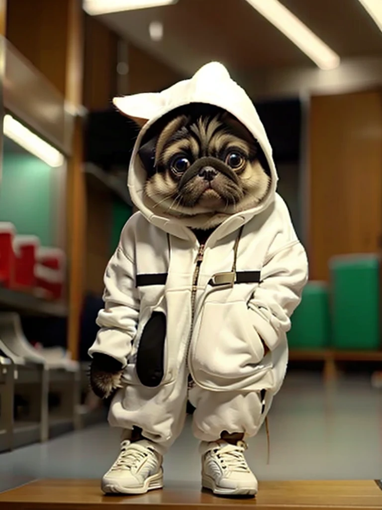 masterpiece, highest quality, かわいいPug dog, Wearing a casual hooded suit, White sneakers, Cool expression, Cute digital illustration art,Pug dog、