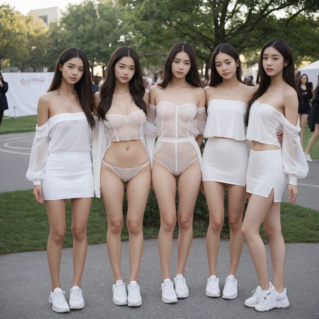 photo realistic of 3 beautiful french lined up, beautiful western mixed oriental look, side poses. bra and underwear.  college student with girlfriends. strapless, bob hair, oversized transparent see through naked. nude. in the outdoor graduation ceremony stage. standing knee apart. half body view. see through. transparent. multiple girls and friends. nsfw.  cameltoe. camel toe. oversized transparent sweaters. sport shoes. see through clothes