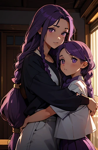 (best quality,1girl,long purple hair, twin braids,purple eyes),2girlsmasterpiece,short brown hair, 2girls, hugging each other,