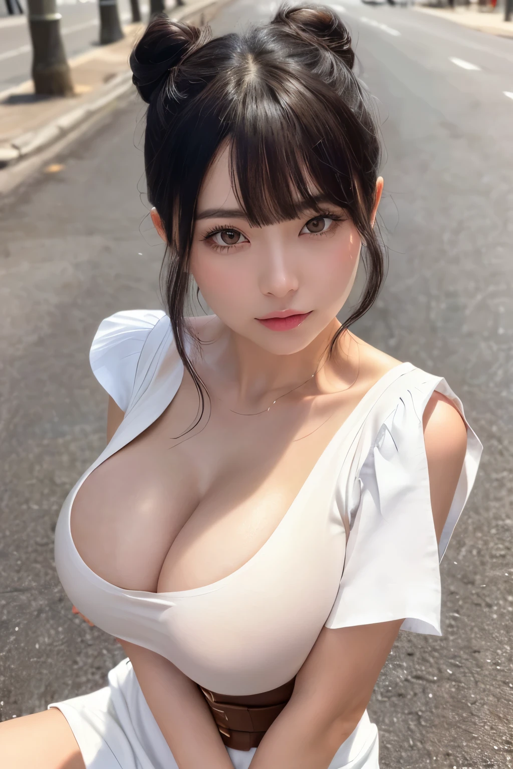 (Highest quality, 8K, 32k, masterpiece, Ultra-high resolution:1.2), Cute Japanese Girl, (Huge breasts:1.1), Long black hair, bangs, (My whole body is wet:1.1),Sweat is dripping,Gravure idol,

(Black tank top:1.2),(Your clothes are wet:1.2),(The clothes are see-through:1.4),Tight waist, (Outdoor, Main Street, blue sky),Upper body close-up、Shorts、