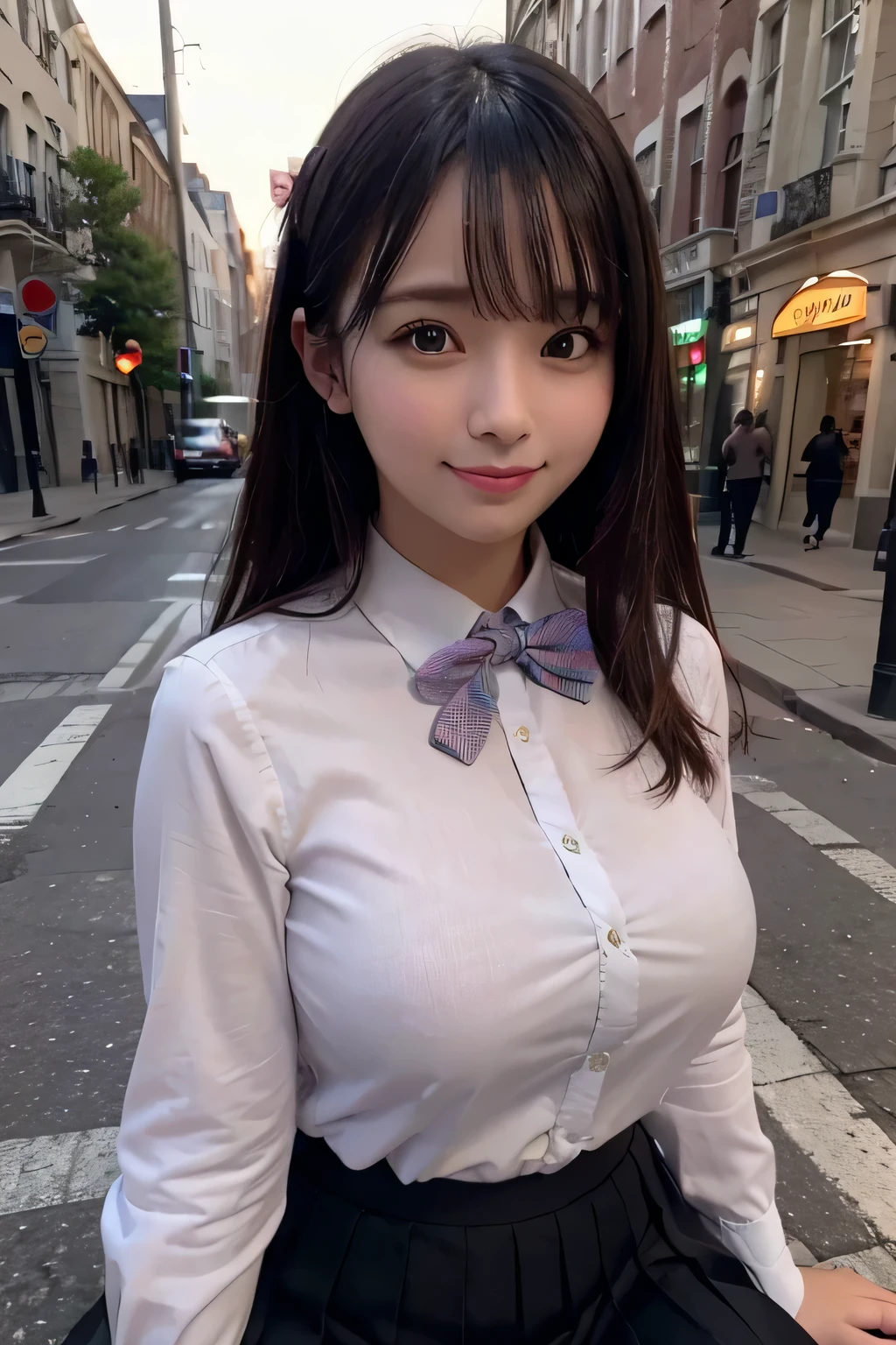 There is a woman who is on the street with a purse, fat pigeon, fat cat,(8k, RAW photo, best quality, masterpiece: 1.2), (realistic, photo-realistic: 1.37), ultra-detailed, 1 girl, cute, solo, beautiful detailed sky, detailed coffee, night, sitting, dating, (flushed nose), (smile: 1.1), medium breasts, beautiful detailed eyes, (collared shirt: 1.1), bow tie, pleated skirt,