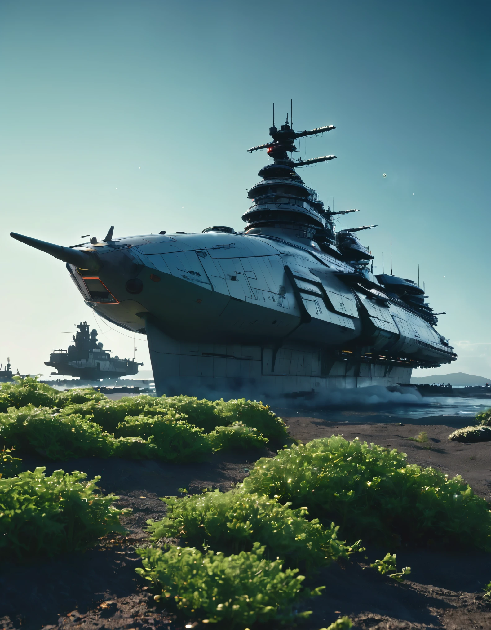 endless odyssey space battleship yamato, space opera in the style of leiji matsumoto,ghost in the shell sci-fi kitbash, tadao ando minimalistic brutalist masterpiece ship design by takashi homma and toshio shibata, megascans vegetation,fireflies lights, high quality, real image, magazine shoot, retro polaroid vintage style, cinestill 800t/50d/portra 800 color grading aces cg lut, award winning photograph, fstorm, redshift, octane render, unreal engine 5, futuristic noir directed by denis villeneuve and moebius